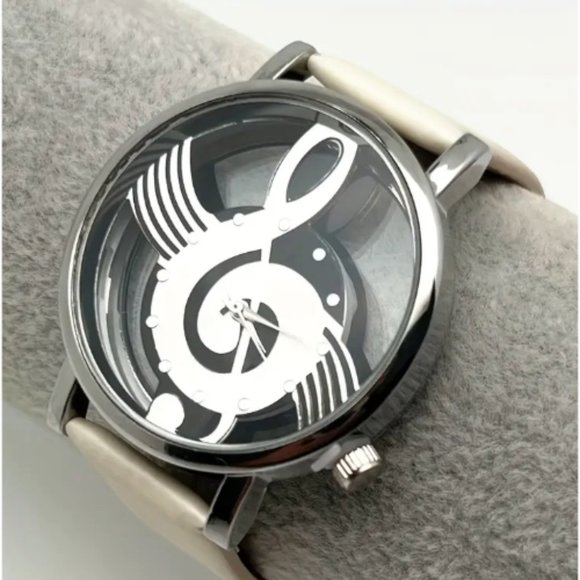Music Symbol Quartz Watch Transparent Hollow Design White Leather Strap - Picture 2 of 3